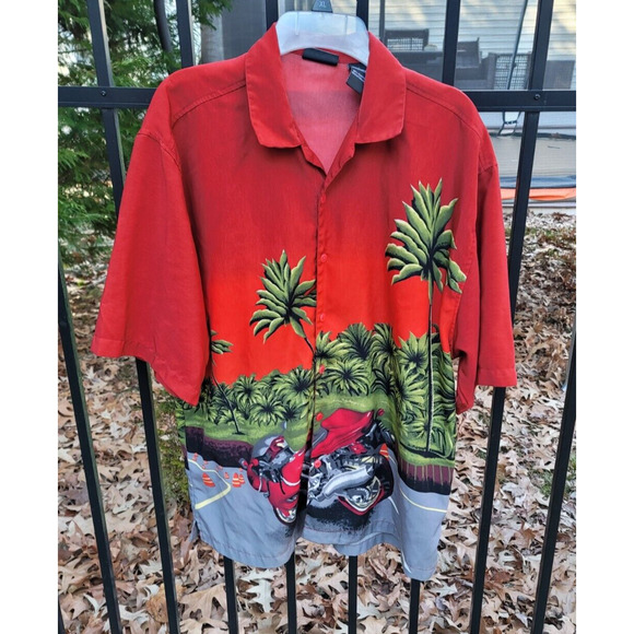 J/E/T STRTWR Men's Size L Shirt Bright Red With Motorcycle & Palm Trees Large - Picture 1 of 6